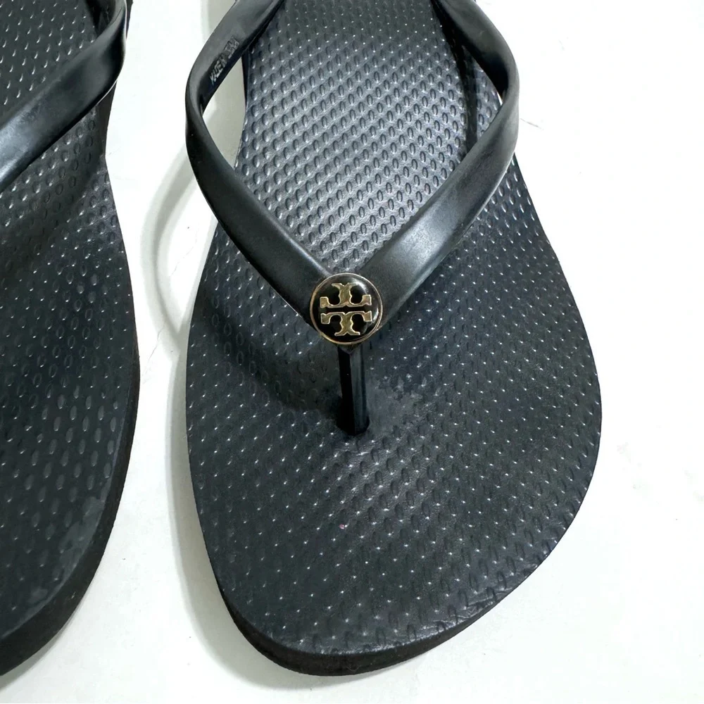 Tory Burch Black Cutout Wedge Flip Flop Platform Sandals Size 9.5